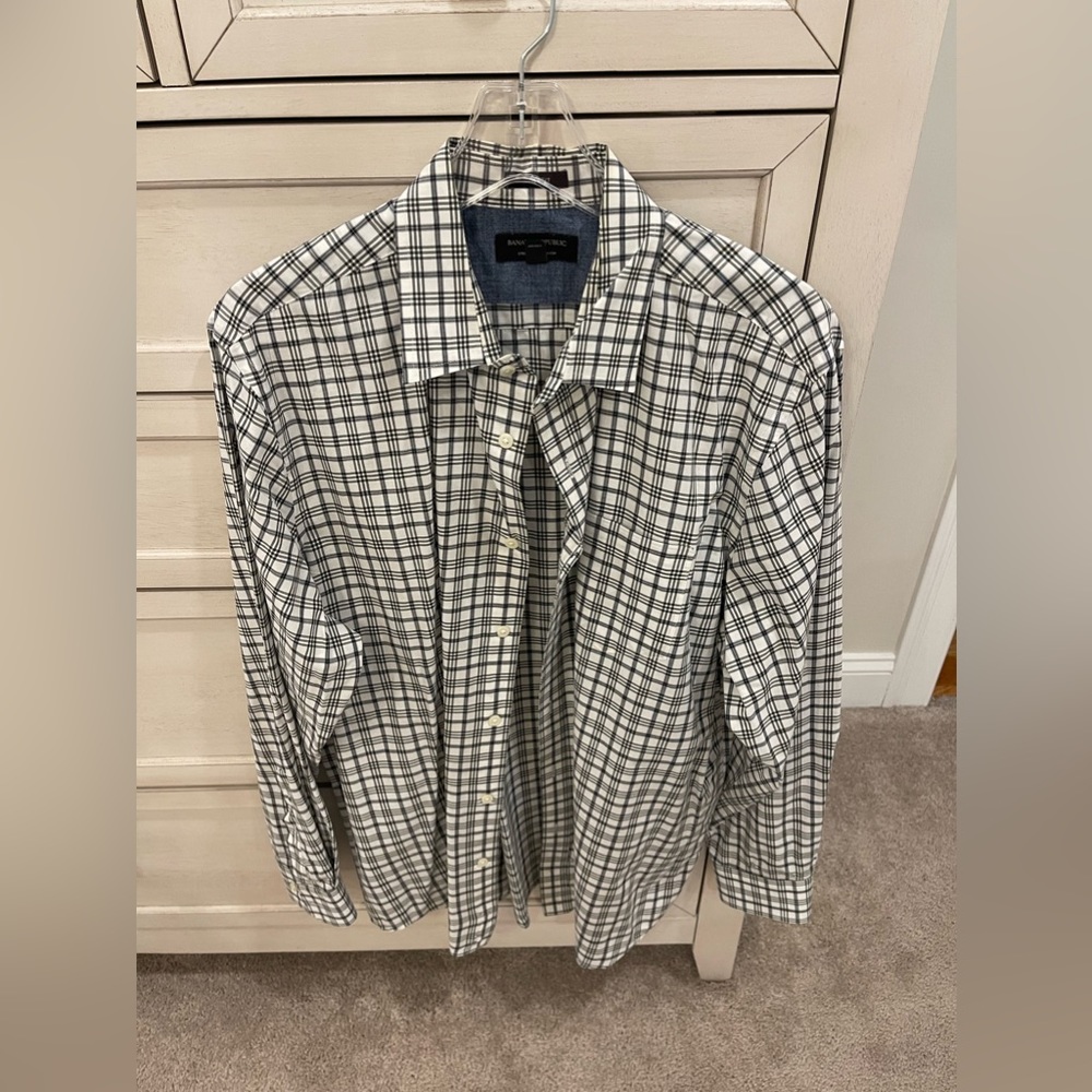 Men’s Banana Republic Oxford Button Up Shirt Plaid White Size XL Slim Fit